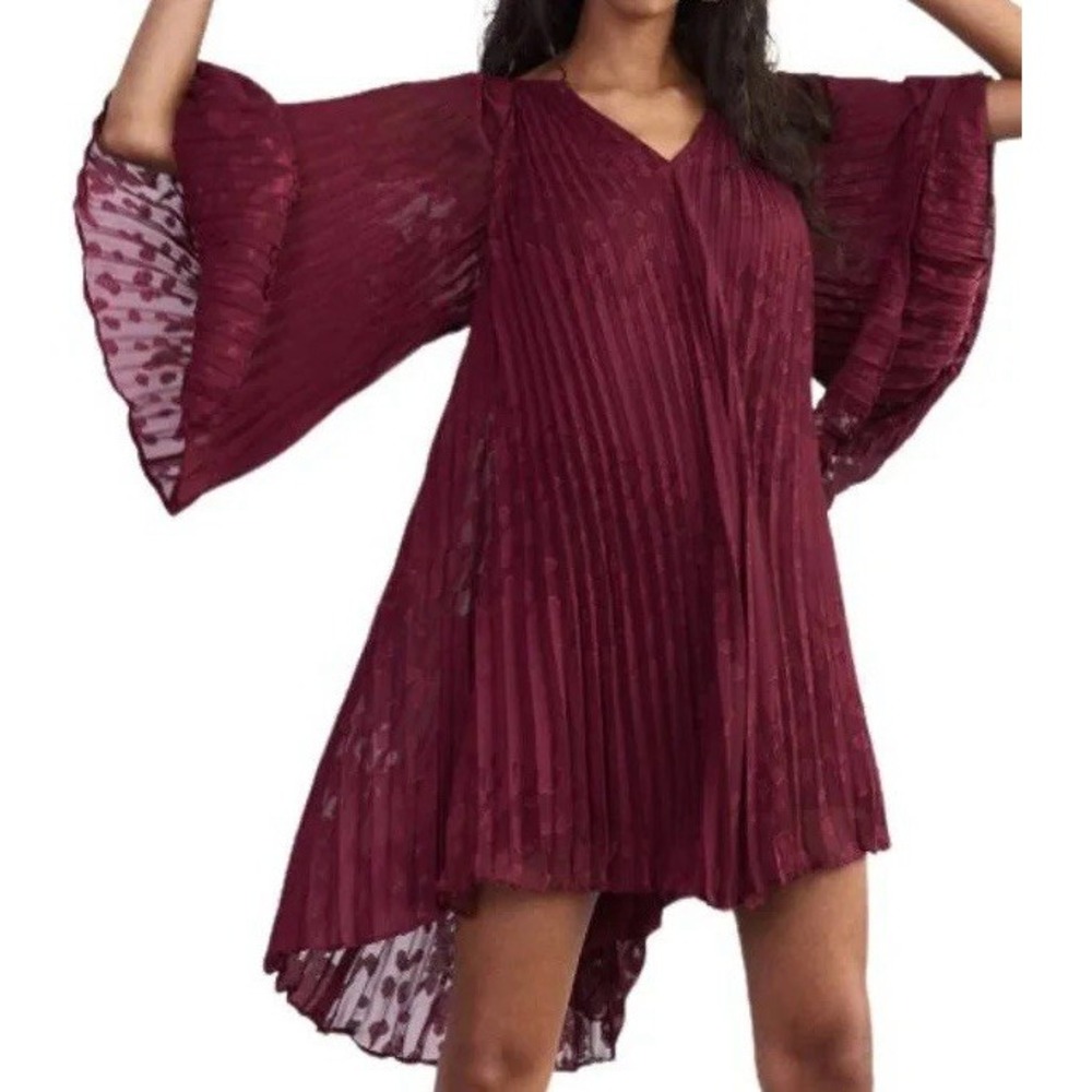 Anthropologie‎ Plum Pleated A Line Mini Dress S Bell Sleeves Holiday Party NWT